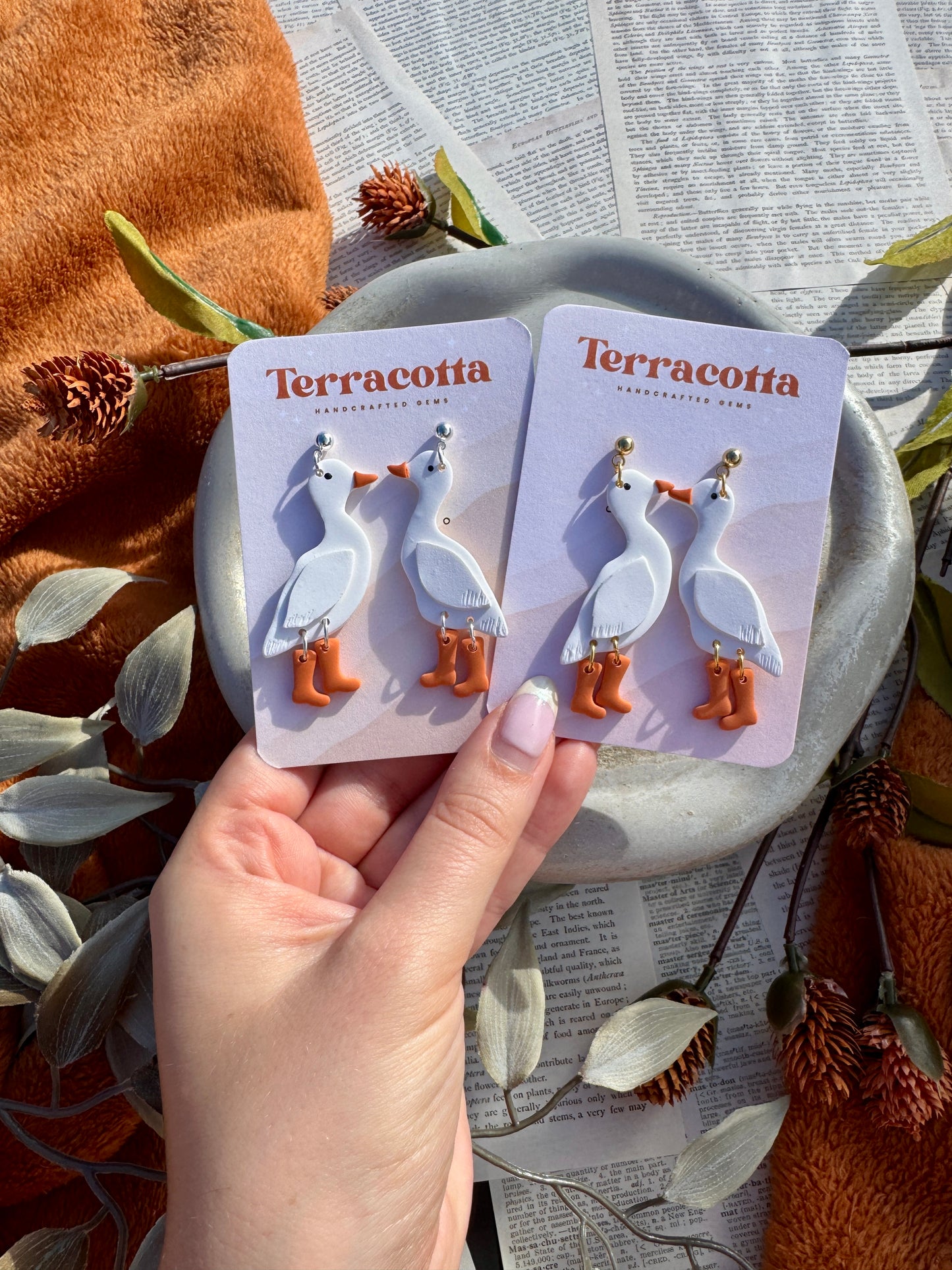 Geese with Boots Dangle Earrings