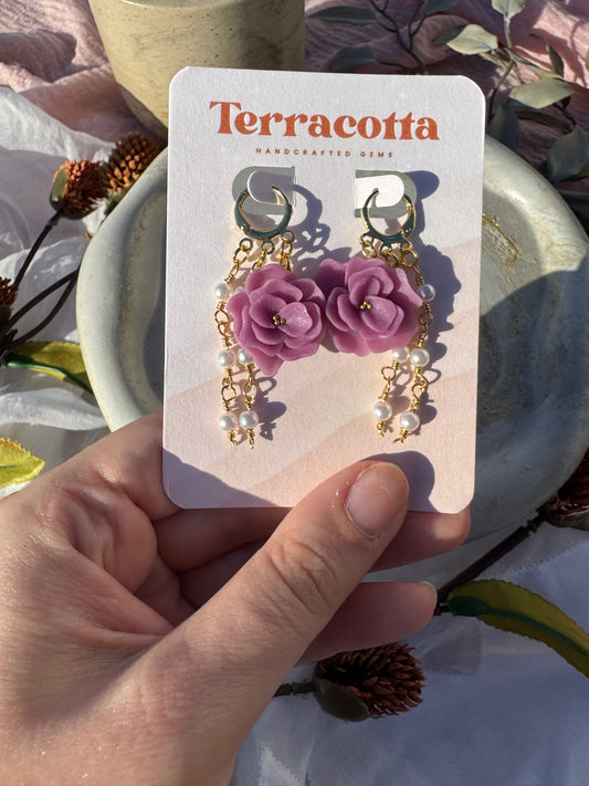 Lavender floral pearl drop earrings