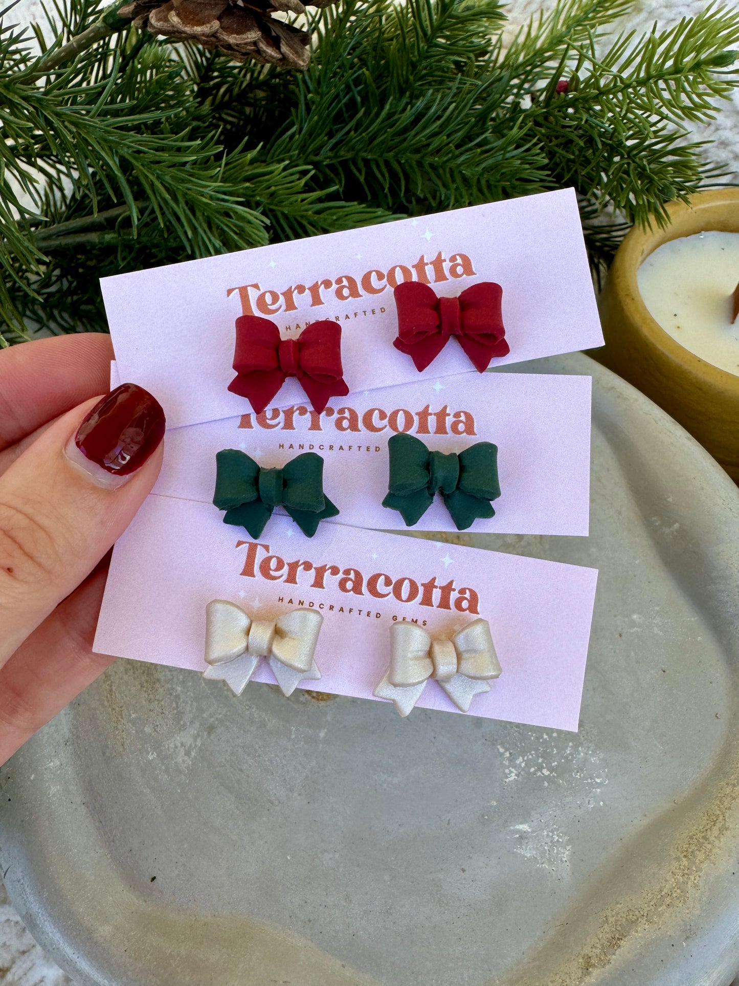 Green, Red, Pearl Bow Stud Earrings