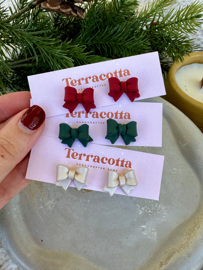 Green, Red, Pearl Bow Stud Earrings